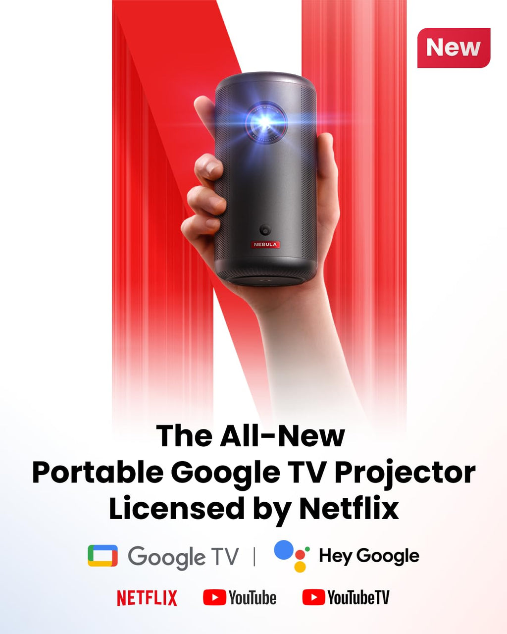 NEBULA Capsule 3 GTV Portable Mini Projector, Netflix Officially Licensed, 1080P Smart Projector with Wi-Fi, 2.5 hrs Battery, 120-Inch Display, Dolby