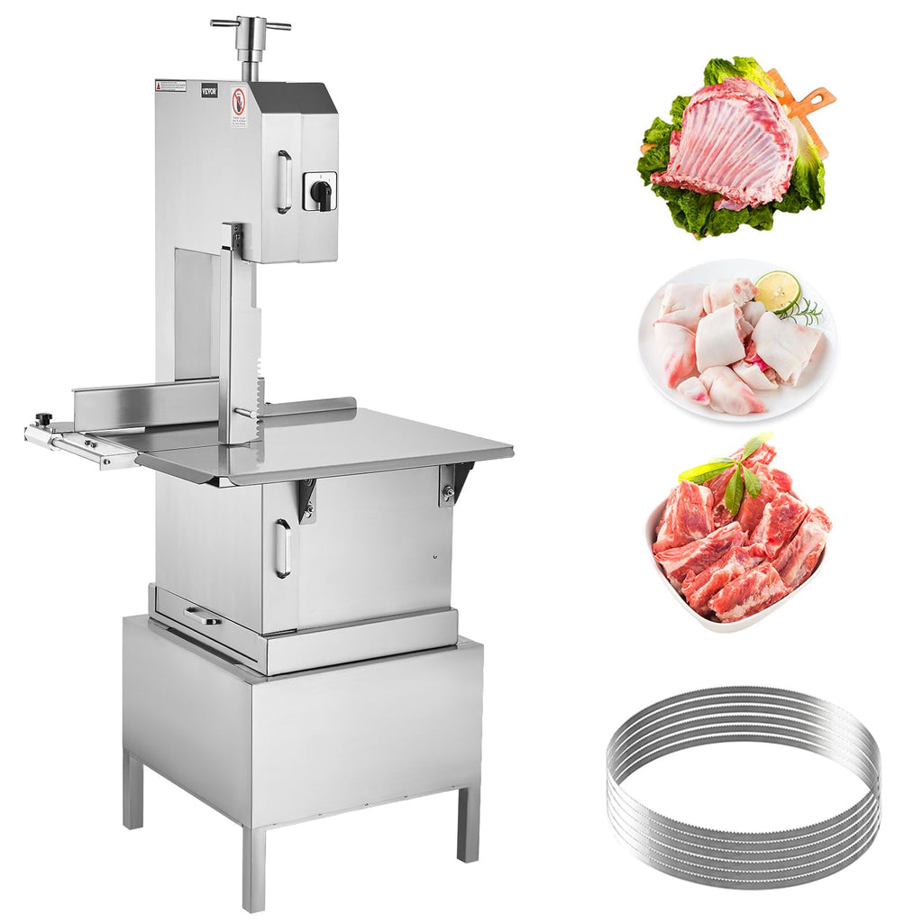 Commercial Electric Meat Bandsaw, 1500W Stainless Steel Countertop Bone Sawing Machine, Workbeach 19.3" x 15", 0.16-7.9 Inch Cutting Thickness