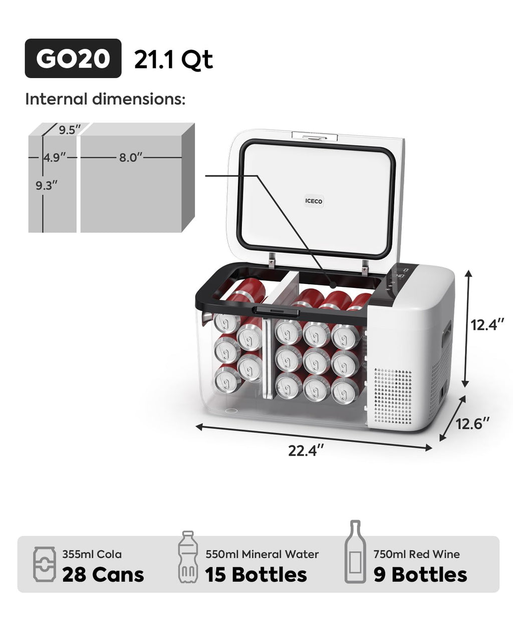 ICECO GO20 Dual Zone 12V Refrigerator, Portable Fridge Freezer with SECOP Compressor, DC 12/24V, AC 100-240V, 0H to 50H, Electric Cooler for Truck