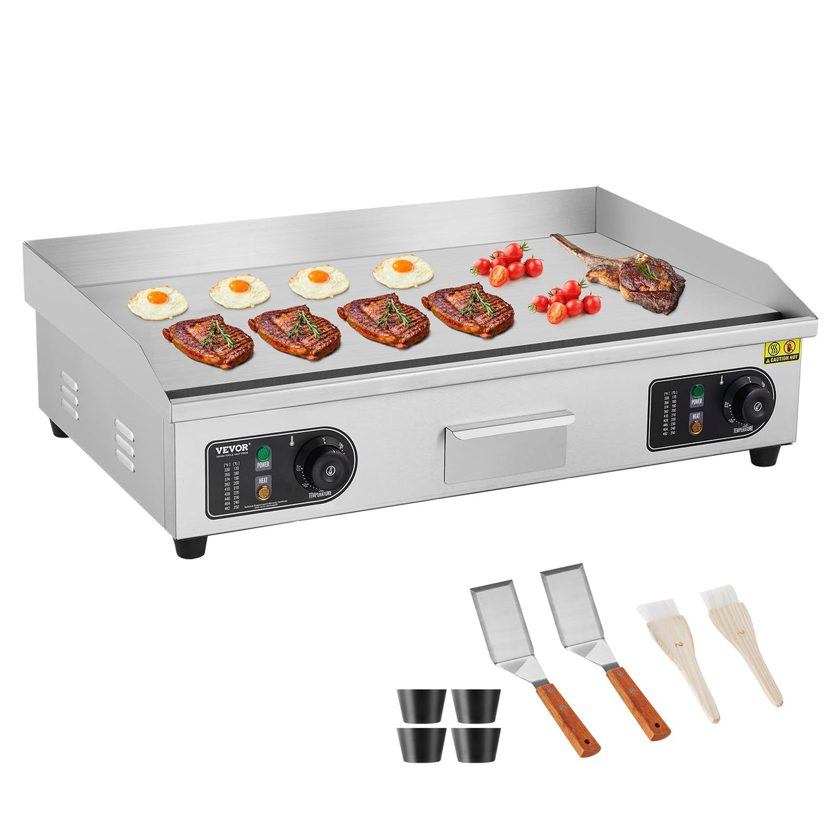 VEVOR Upgraded Commercial Electric Griddle, 2800W Stainless Steel Countertop Flat Top Grill, 26'' Griddle Grill with 2 Shovels and 2 Brushes, 122H