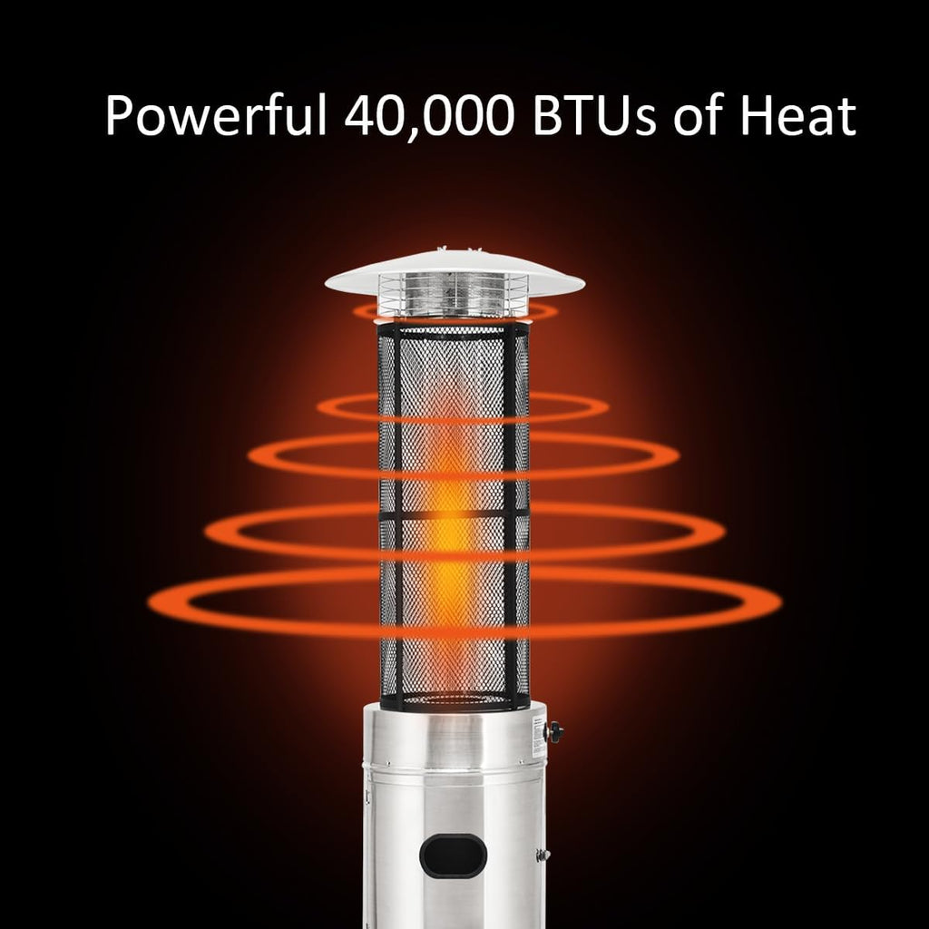 COSTWAY Outdoor Propane Patio Heater, 40,000 BTU Propane Heater with Dancing Flame, Portable Wheels, Stainless Steel Pyramid Floor-Standing Outdoor