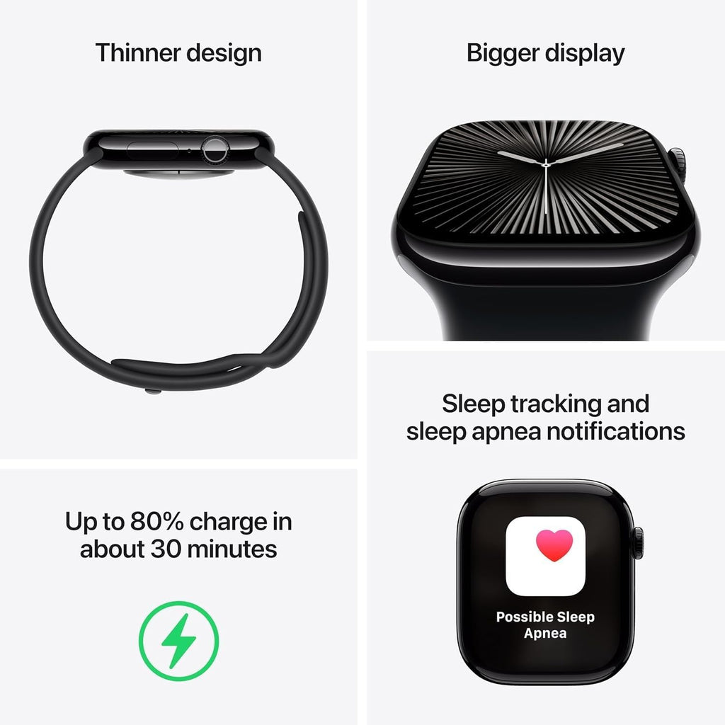 Apple Watch Series 10 [GPS, 46mm] - Jet Black Aluminum Case with Black Sport Band, M/L (Renewed)