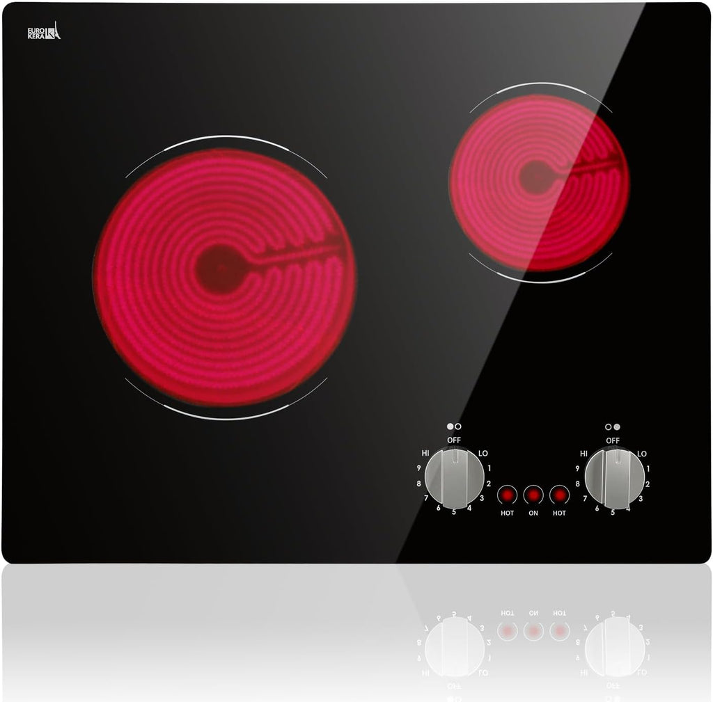 Electric Cooktop 2 Burner, 21 Inch Double Electric Stove Top Mechanical Knob Control Built-in 3700W Large Ceramic Stove Top, 9 Heating Level, 220