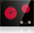 Electric Cooktop 2 Burner, 21 Inch Double Electric Stove Top Mechanical Knob Control Built-in 3700W Large Ceramic Stove Top, 9 Heating Level, 220