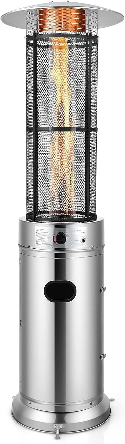 COSTWAY Outdoor Propane Patio Heater, 40,000 BTU Propane Heater with Dancing Flame, Portable Wheels, Stainless Steel Pyramid Floor-Standing Outdoor