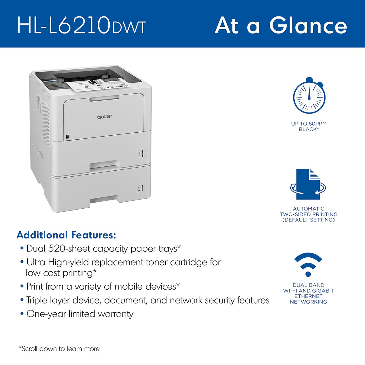Brother Professional Laser Printer with High-Speed 50 ppm Output, Advanced Security Features, and Wireless Networking for Business, Monochrome