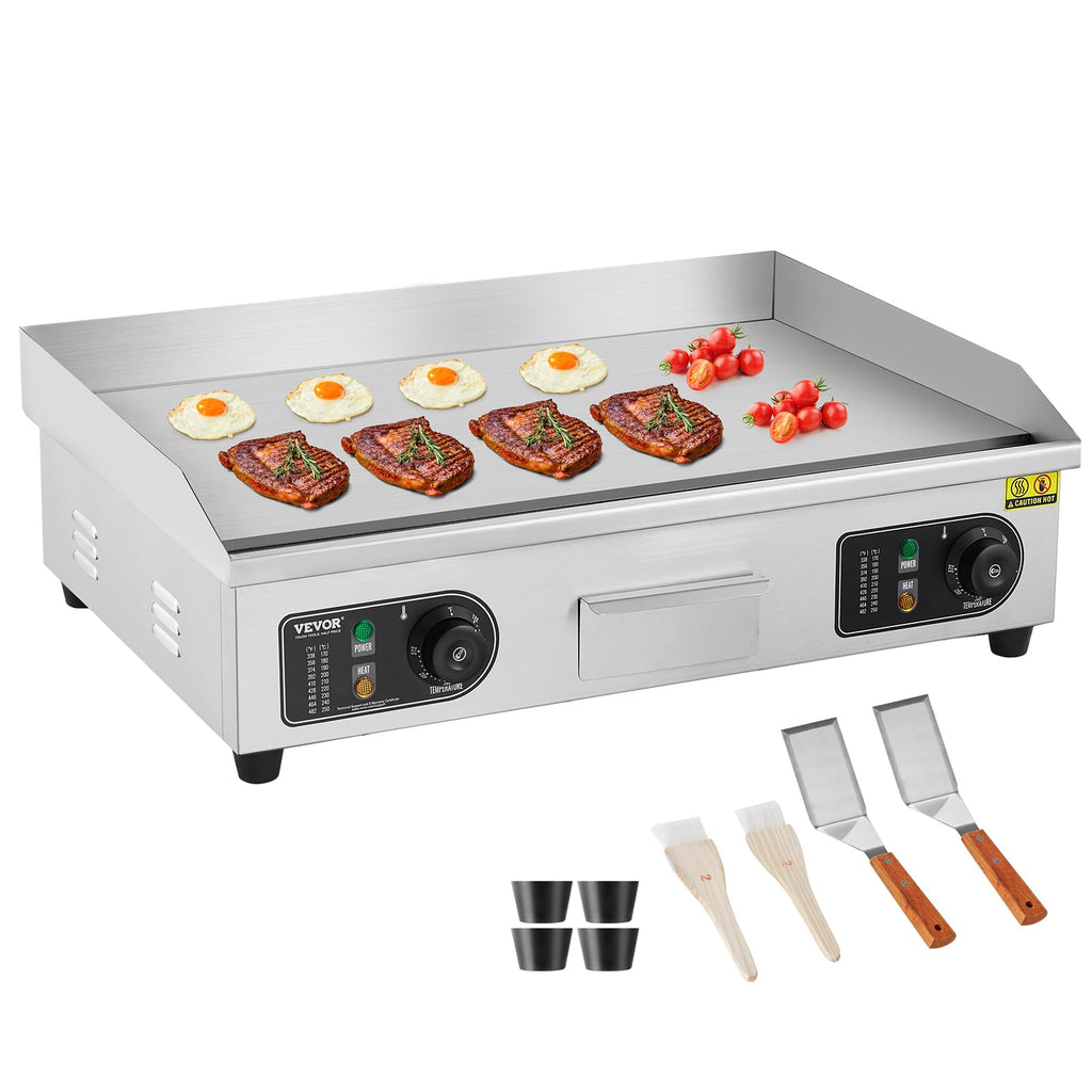 VEVOR Upgraded Commercial Electric Griddle, 2800W Stainless Steel Countertop Flat Top Grill, 26'' Griddle Grill with 2 Shovels and 2 Brushes, 122H