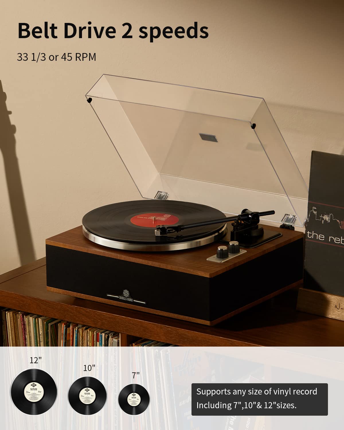 ANGELS HORN Vinyl Record Player, Bluetooth Turntable with Built in Speakers Phono Preamp, High Fidelity Turntables for Vinyl Records with Magnetic