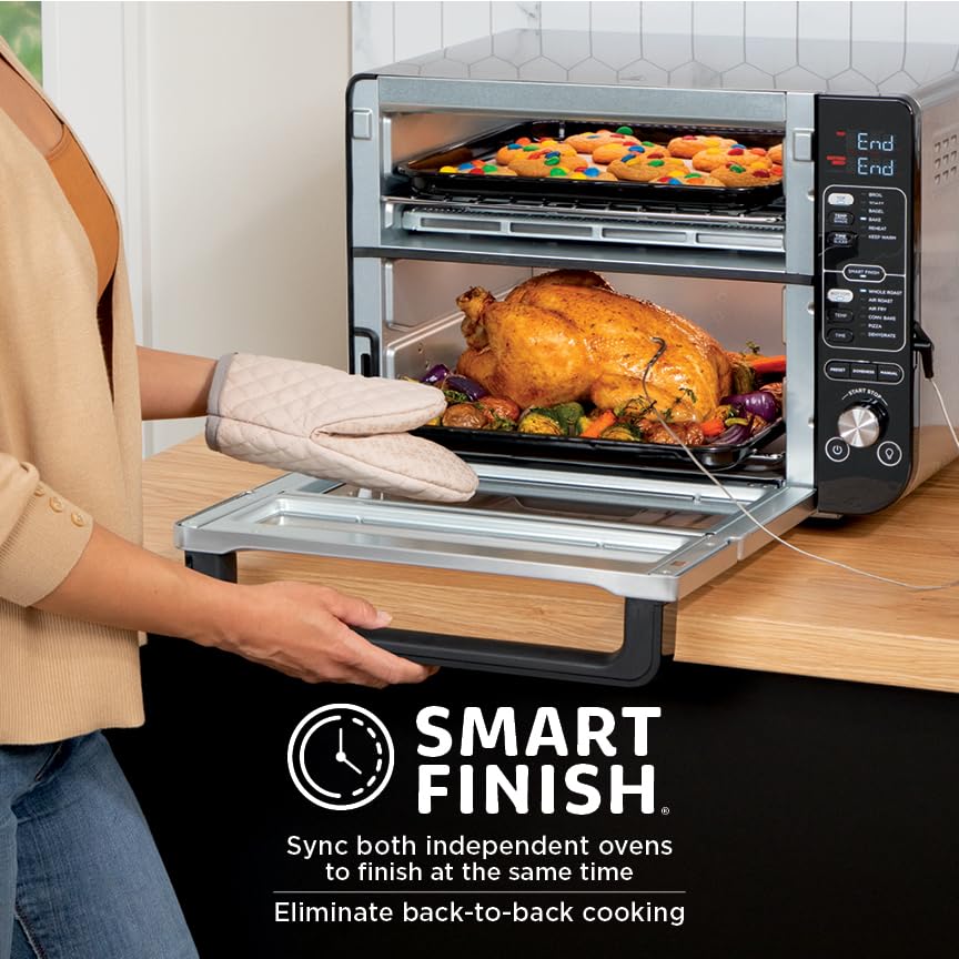 Ninja DCT451 12-in-1 Smart Double Oven with FlexDoor, Thermometer, FlavorSeal, Smart Finish, Rapid Top Convection and Air Fry Bottom , Stainless Steel