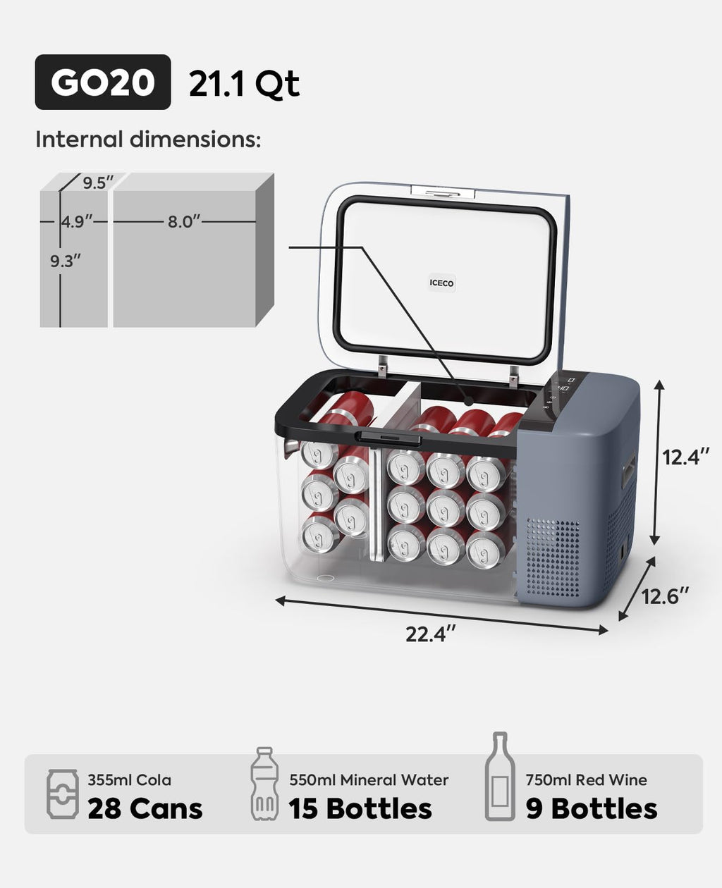 ICECO GO20 Dual Zone 12V Refrigerator, Portable Fridge Freezer with SECOP Compressor, DC 12/24V, AC 100-240V, 0H to 50H, Electric Cooler for Truck