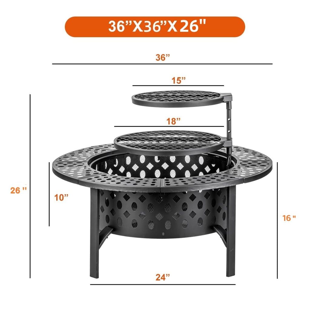 47 Inch Fire Pit with 2 Grills, Wood Burning Fire Pits for Outside with Lid & Poker, BBQ& Outdoor Firepit & Round Metal Table 3 in 1 for Patio