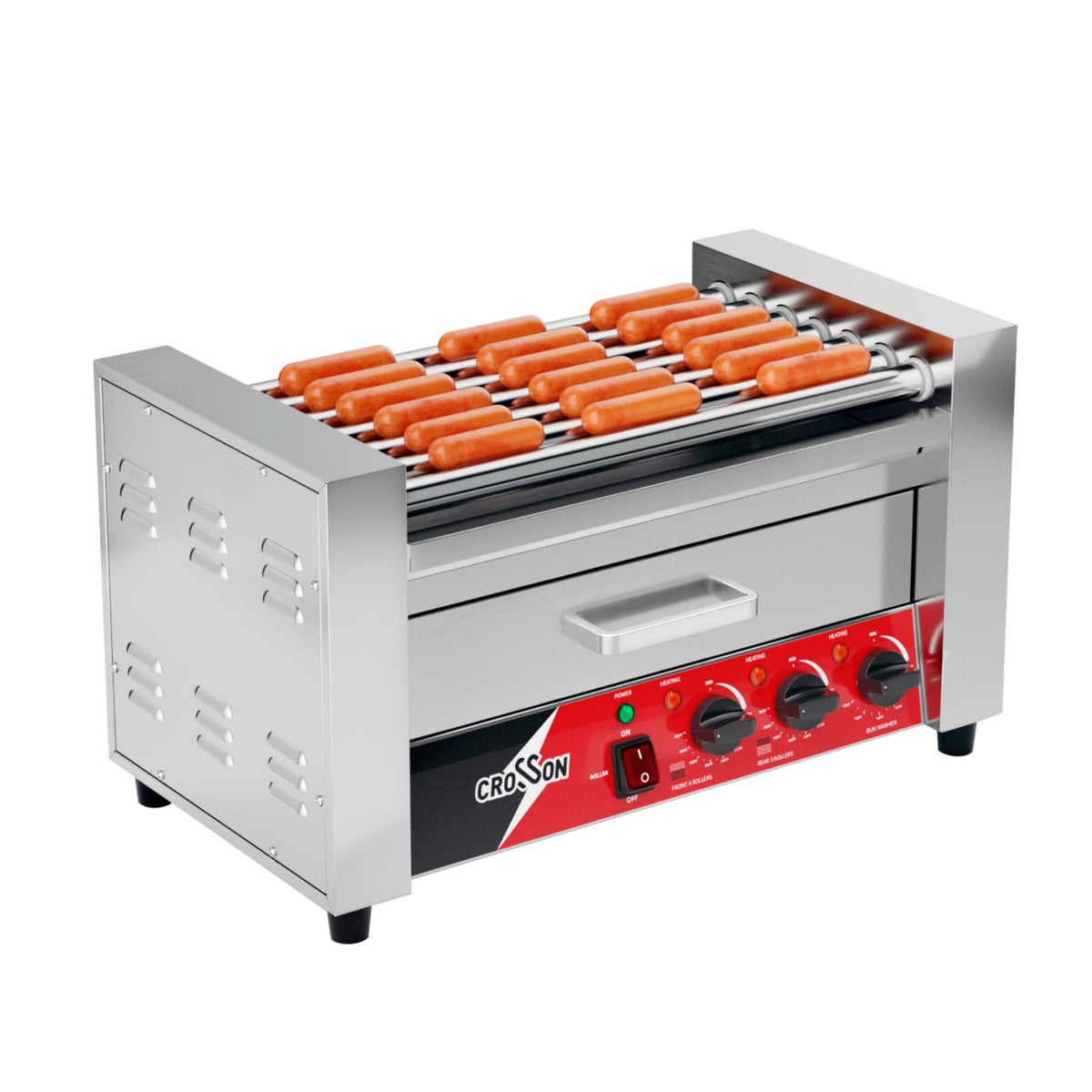 CROSSON 12 Hot Dog 5 Roller Grill Machine with Transparent Sneeze Guard,5 Nonstick 304SS Rollers Commercial Hot Dog Cooker Machine-120V, 750W