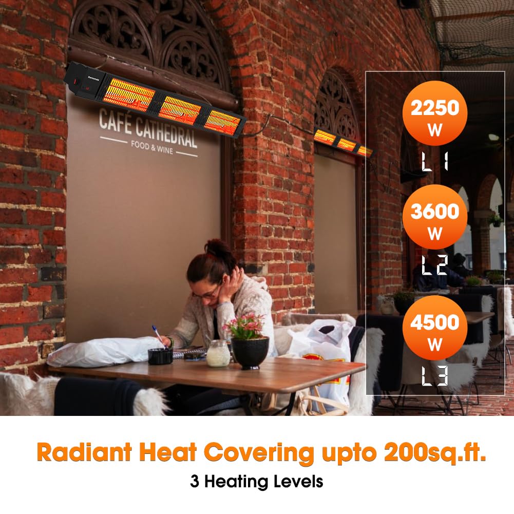 ThermoMate Infrared Electric Patio Heater, 3000W Carbon Fiber Heating for Outdoor/Indoor, Porch, Deck, Garage with Remote 24 Hours Timer, Hard Wired