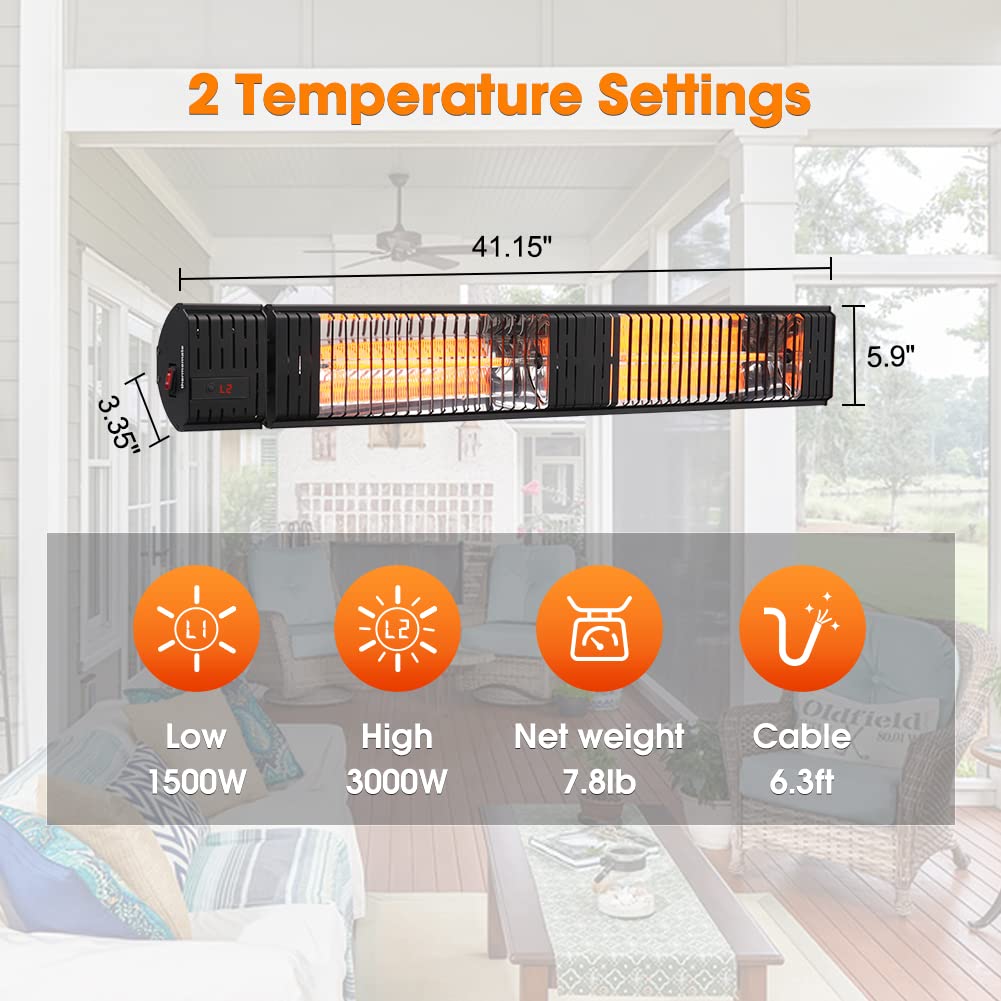 ThermoMate Infrared Electric Patio Heater, 3000W Carbon Fiber Heating for Outdoor/Indoor, Porch, Deck, Garage with Remote 24 Hours Timer, Hard Wired