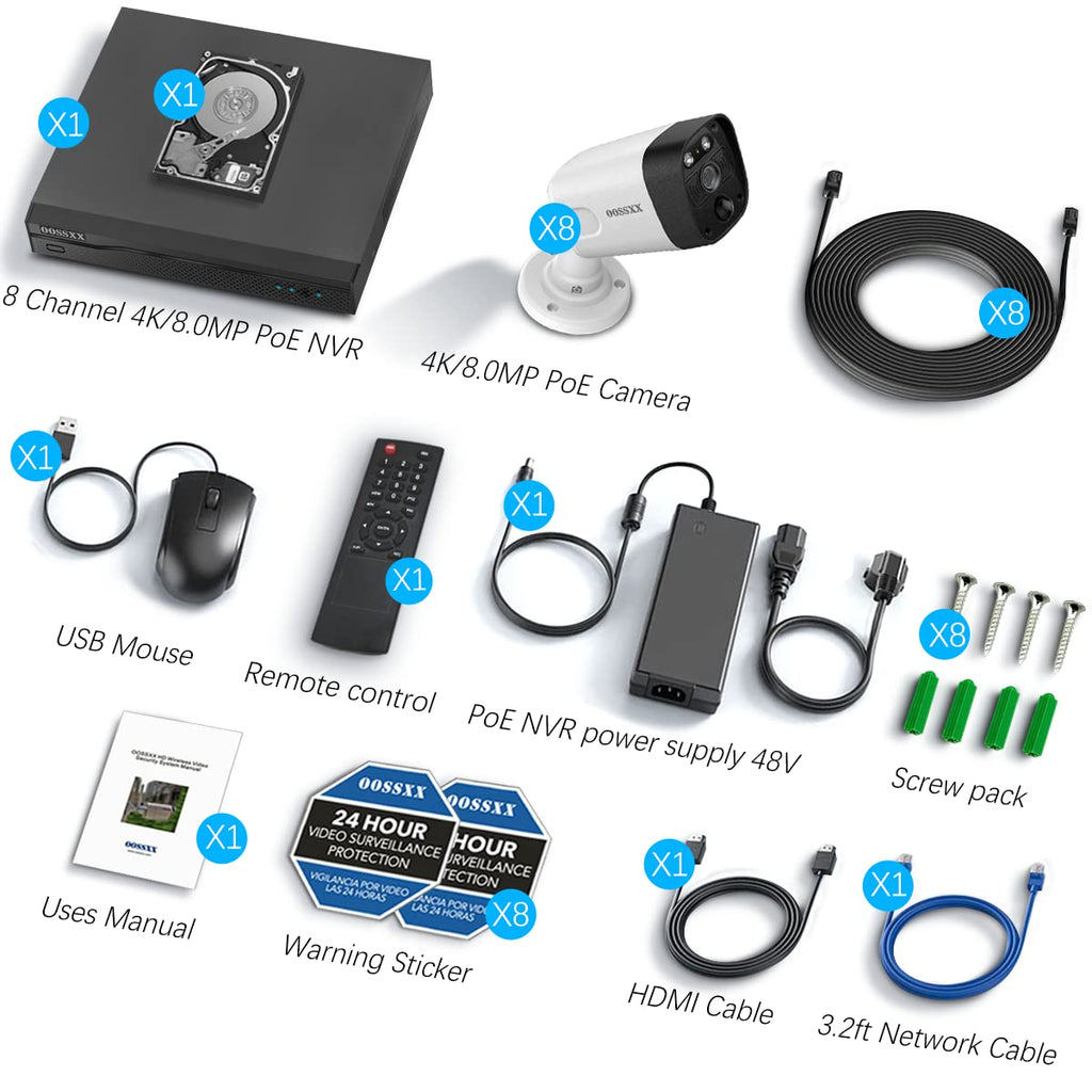 OOSSXX (4K/8.0 Megapixel & 130 Ultra Wide-Angle) 2-Way Audio PoE Outdoor Home Security Camera System Wired Outdoor Video Surveillance IP Cameras