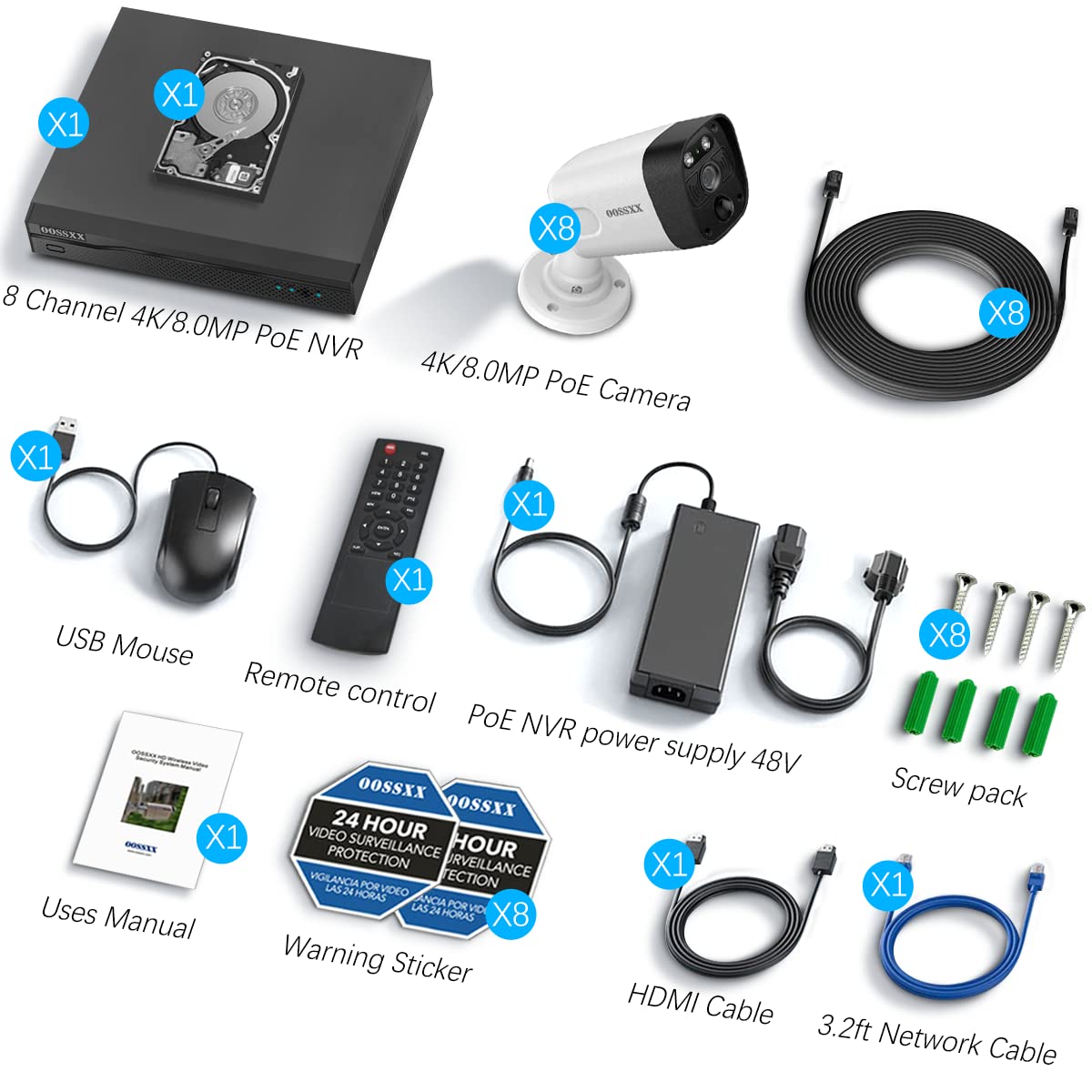 OOSSXX (4K/8.0 Megapixel & 130 Ultra Wide-Angle) 2-Way Audio PoE Outdoor Home Security Camera System Wired Outdoor Video Surveillance IP Cameras