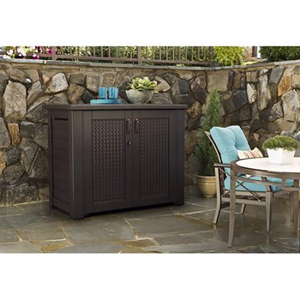 Rubbermaid Decorative Outdoor Storage Cabinet (123 Gal), Weather Resistant, Brown, Organization for Home/Backyard/Pool Chemicals/Toys/Garden Tools
