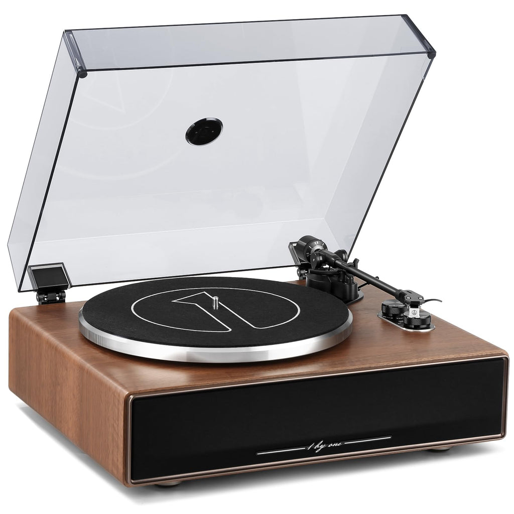 1 by ONE High Fidelity Belt Drive Turntable with Built-in Speakers, Vinyl Record Player with Magnetic Cartridge, Bluetooth Playback and Aux-in