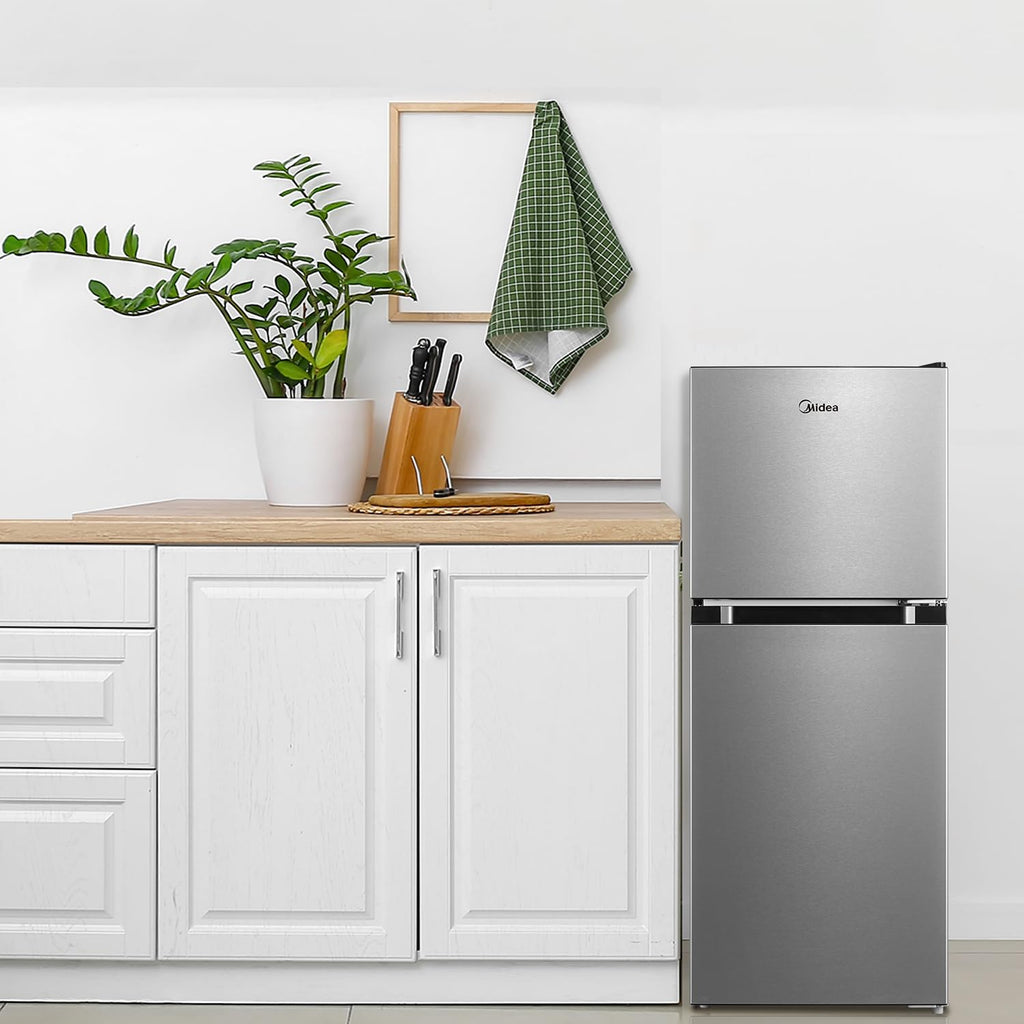 Midea WHD-113FB1 Double Door Mini Fridge with Freezer for Bedroom Office or Dorm with Adjustable Remove Glass Shelves Compact Refrigerator, 3.1 cu ft