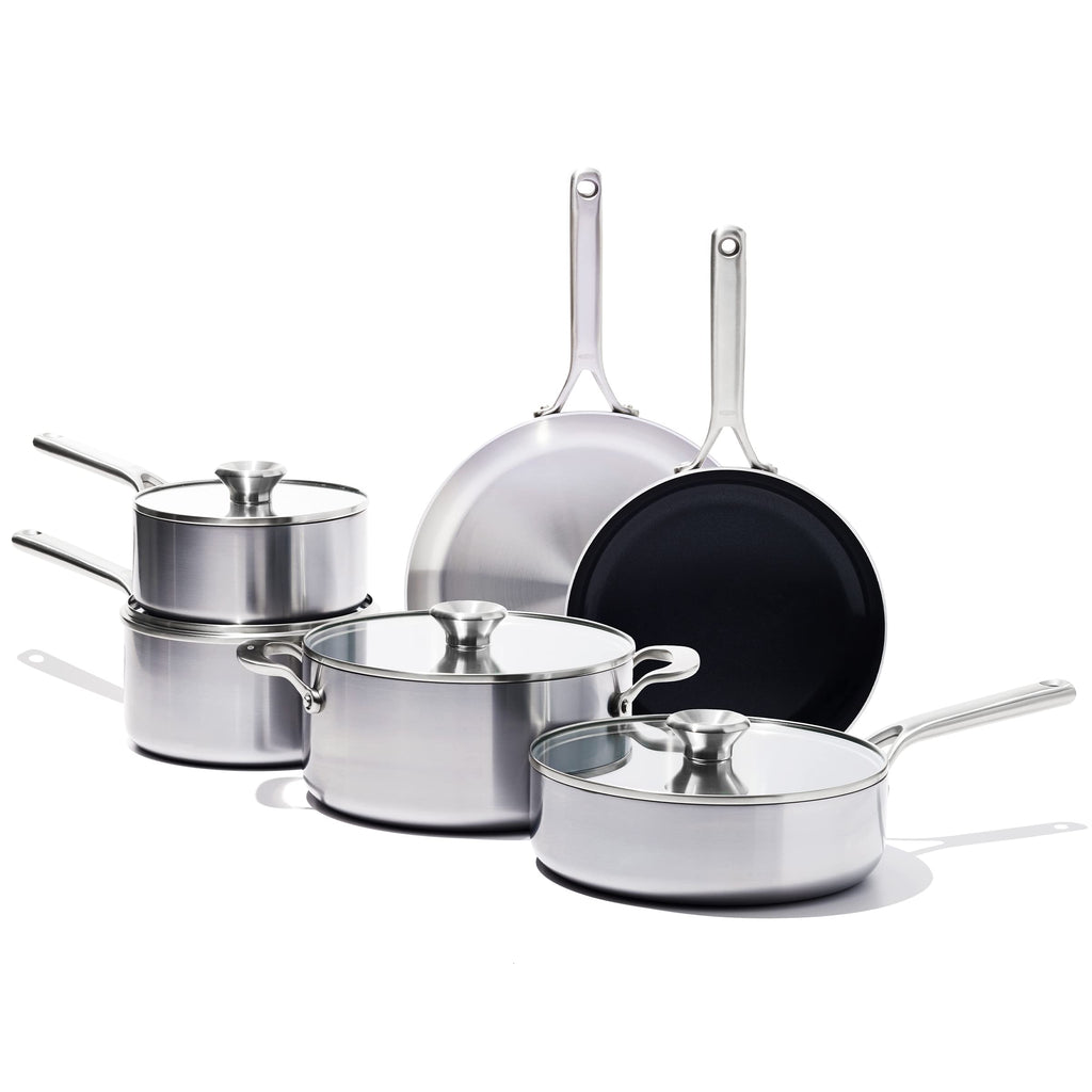 OXO Mira Tri-ply Stainless Steel, 10 Piece Cookware Pots and Pans Set, Skillets, Saute, Saucepans, Lids,Incl Ceramic Nonstick Frying Pan,Induction