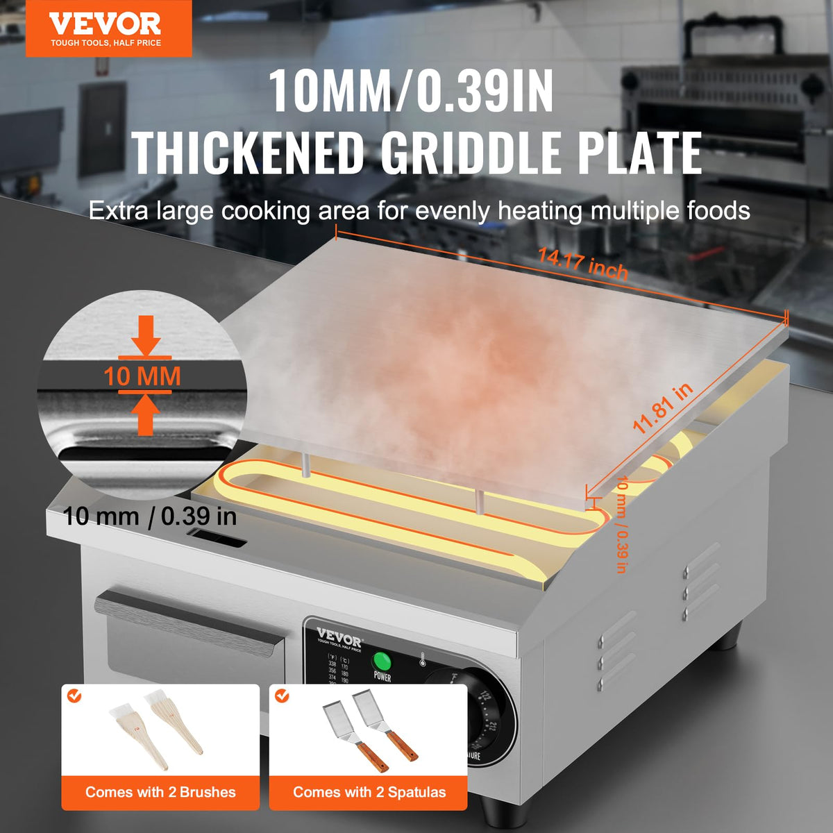 VEVOR Upgraded Commercial Electric Griddle, 2800W Stainless Steel Countertop Flat Top Grill, 26'' Griddle Grill with 2 Shovels and 2 Brushes, 122H