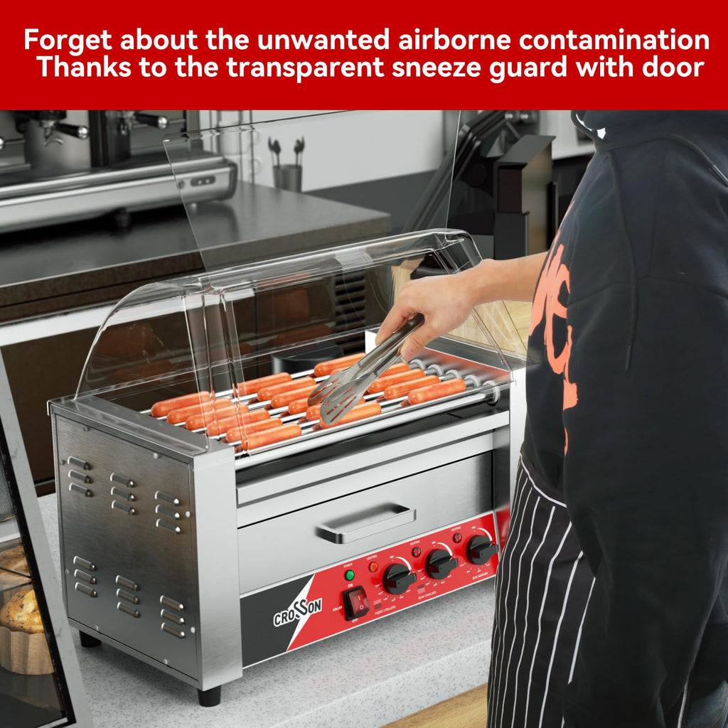 CROSSON 12 Hot Dog 5 Roller Grill Machine with Transparent Sneeze Guard,5 Nonstick 304SS Rollers Commercial Hot Dog Cooker Machine-120V, 750W