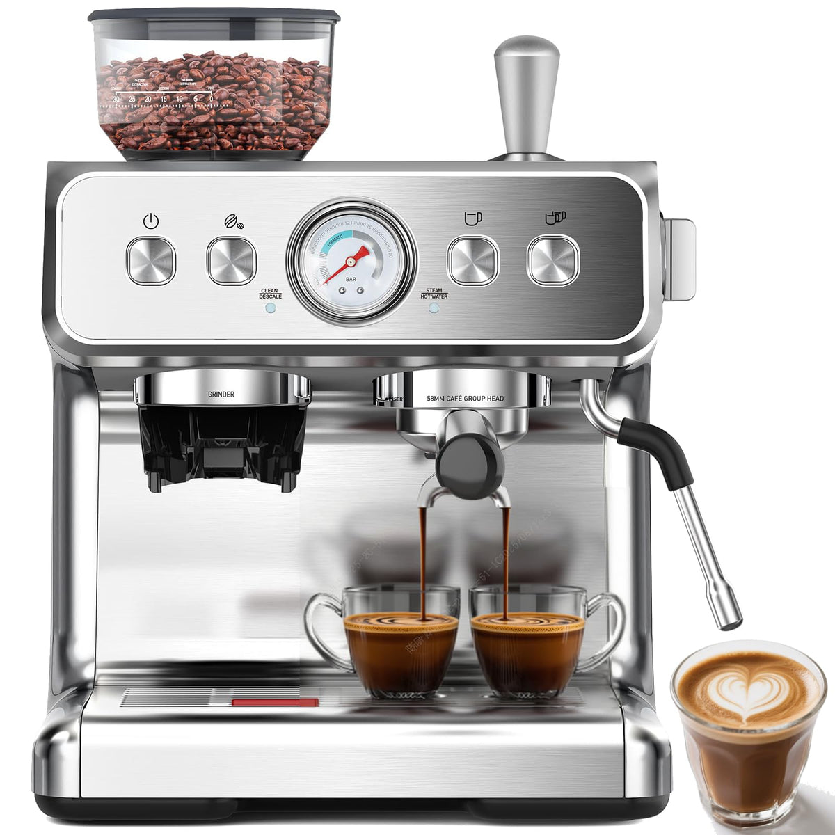 (2025 Upgrade)20 Bar Espresso Machine with Grinder & Milk Frother Steam Wand, Tamping Tools, Expresso Coffee Machines 58mm Commercial Espresso Maker