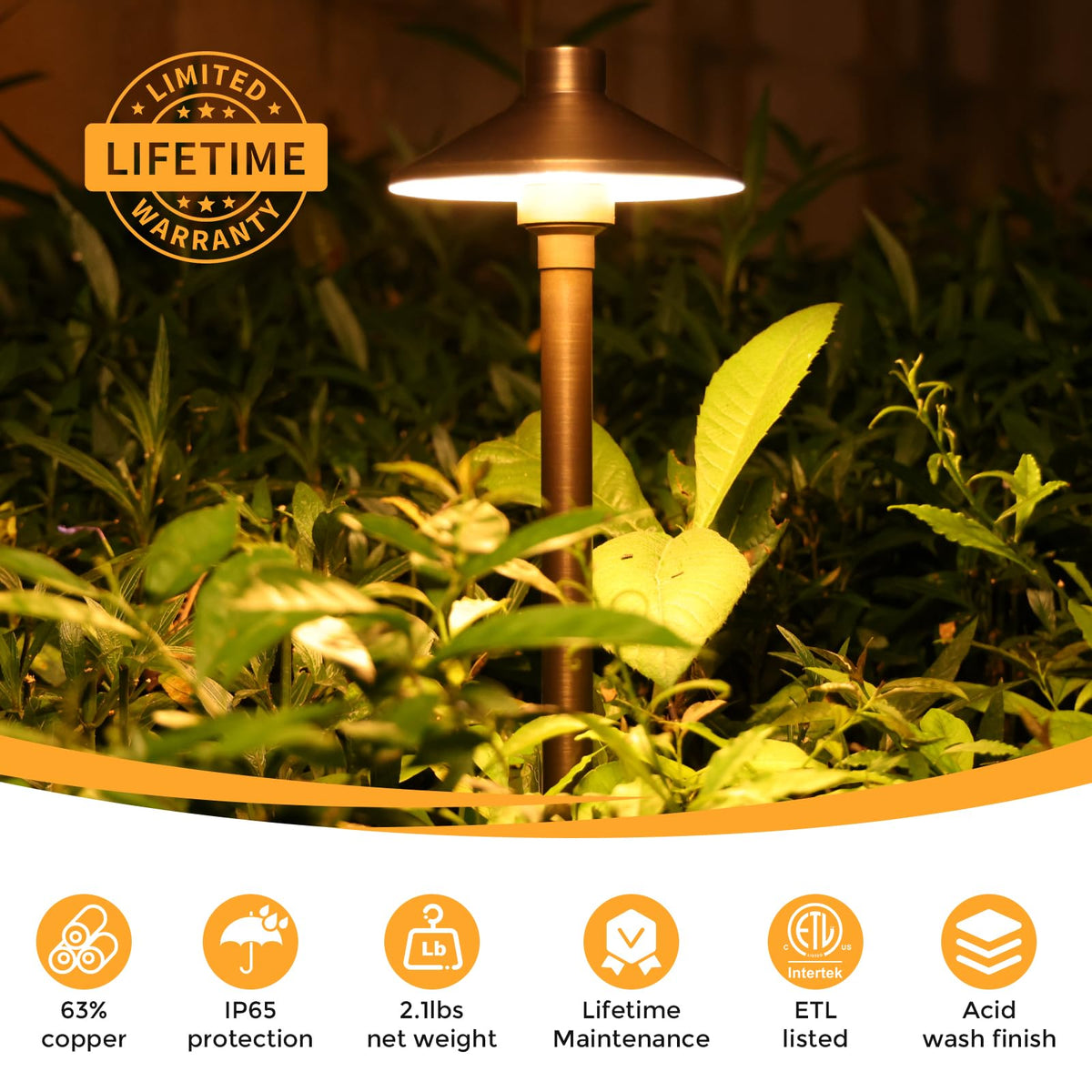Gardencoin Solid Brass Low Voltage Pathway Lights (6.7'' Shade, 21.9'' Tall), 12V AC/DC Heavy Duty LED Landscape Path Lights Outdoor Wired, Antique