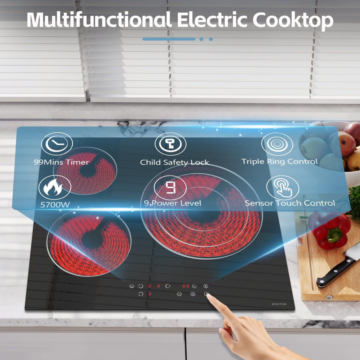 Noxton 30 Inch Electric Cooktop, 8400W 5 Burners Built-in Radiant Electric Stove Top, Slider Control, 9 Power Levels, Child Safety Lock, Timer, 220