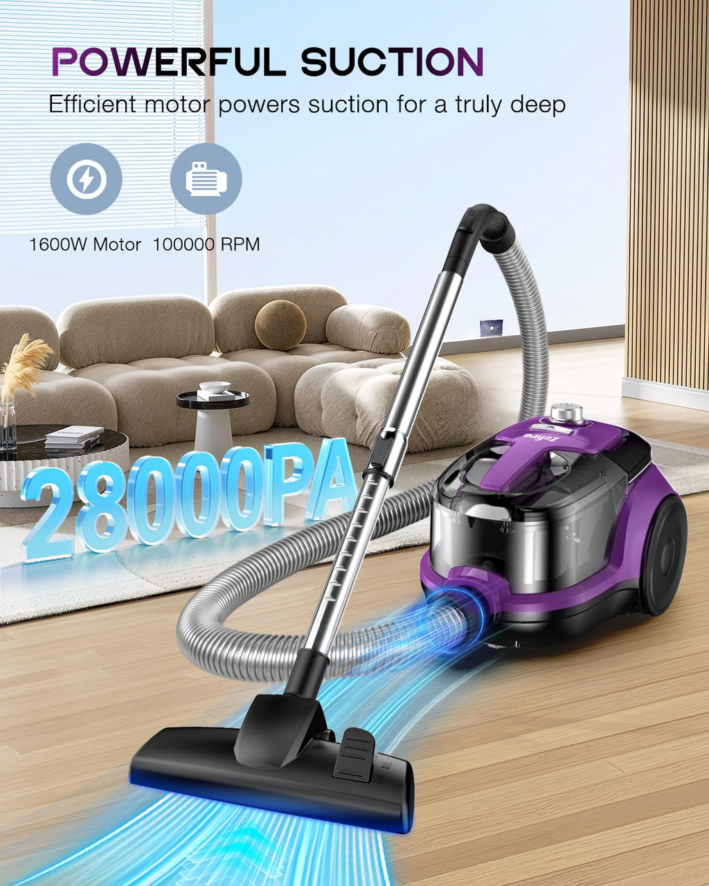 Zefiro Cordless Vacuum Cleaner for Home,45Mins Runtime Stick Vacuum Cleaners, Anti-Tangle and 1.5L Dust Cup, Lightweight Vacuum for Hardwood Floor
