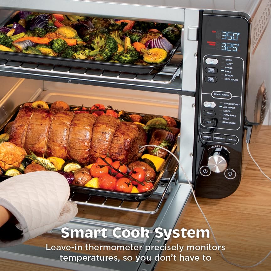 Ninja DCT451 12-in-1 Smart Double Oven with FlexDoor, Thermometer, FlavorSeal, Smart Finish, Rapid Top Convection and Air Fry Bottom , Stainless Steel