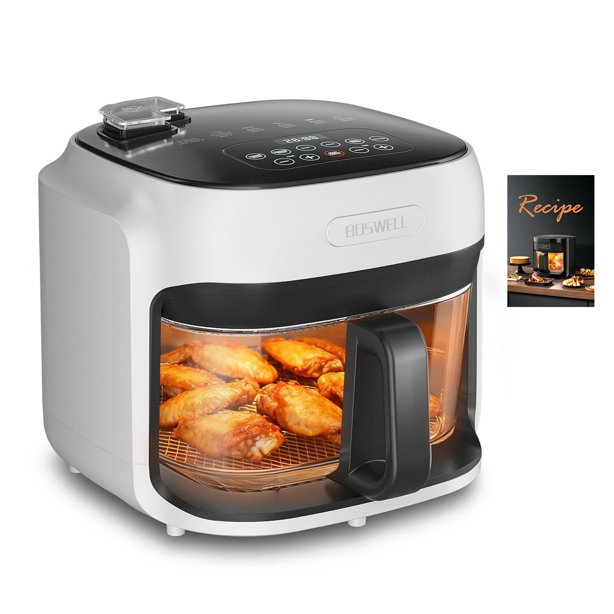 BOSWELL Glass Air Fryer, 7.5QT Borosilicate Bowl with Circulating Heat, Digital Touchscreen, 400F Max Temp, Oil-Free Fryer with Mist Function