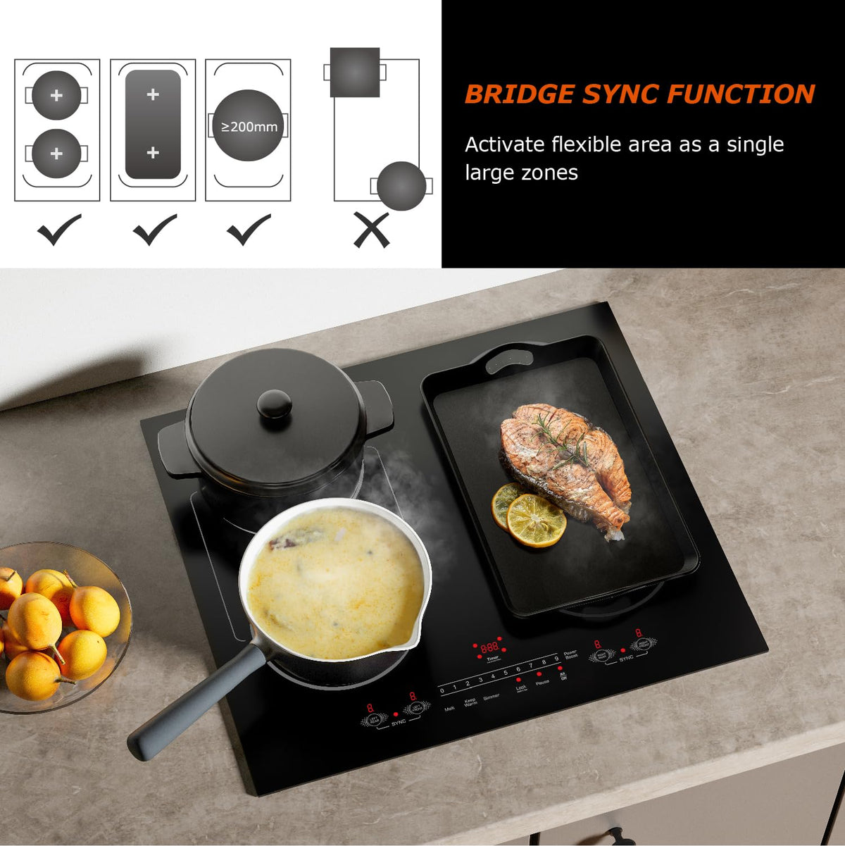 30 Inch Induction Cooktop 4 Burners, Flat Glass Top Electric Stove Hob with Bridge-SYNC, 3 Preset Modes Booster, Timer, Pause, Child Lock, Drop in