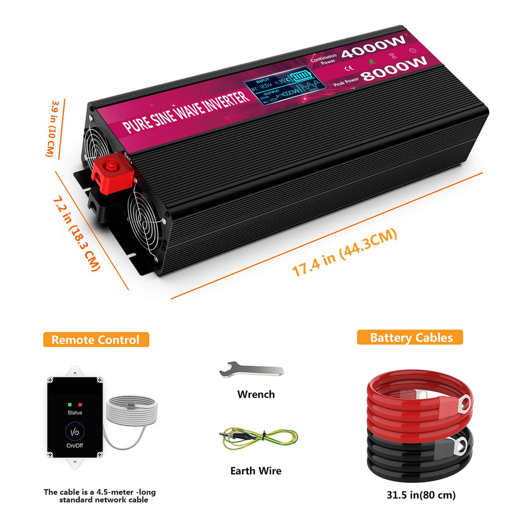 Pure Sine Wave Power Inverter, 3000W 12V DC to 110V/120V AC, Peak 6000W - Remote Control, 4 AC Outlets, Dual USB, LED Display, Terminal Blocks for