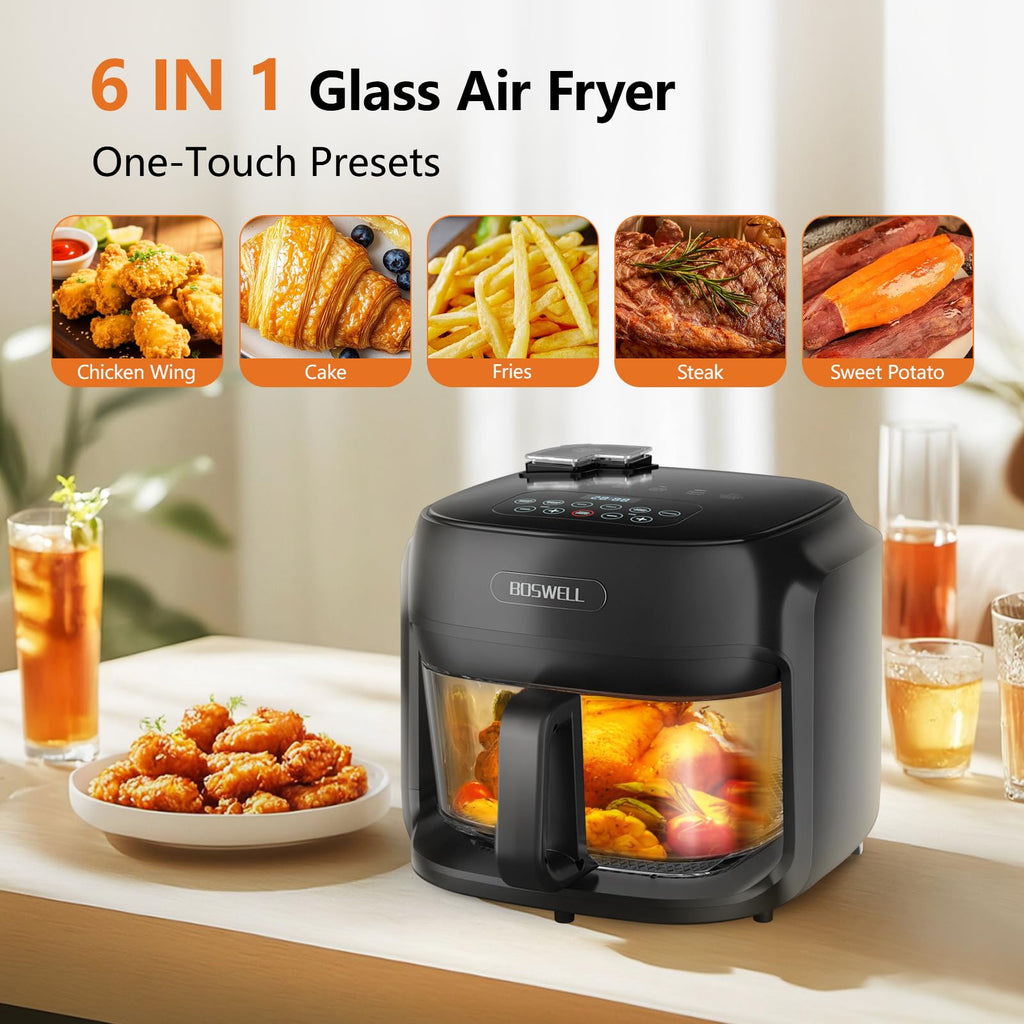 BOSWELL Glass Air Fryer, 7.5QT Borosilicate Bowl with Circulating Heat, Digital Touchscreen, 400F Max Temp, Oil-Free Fryer with Mist Function