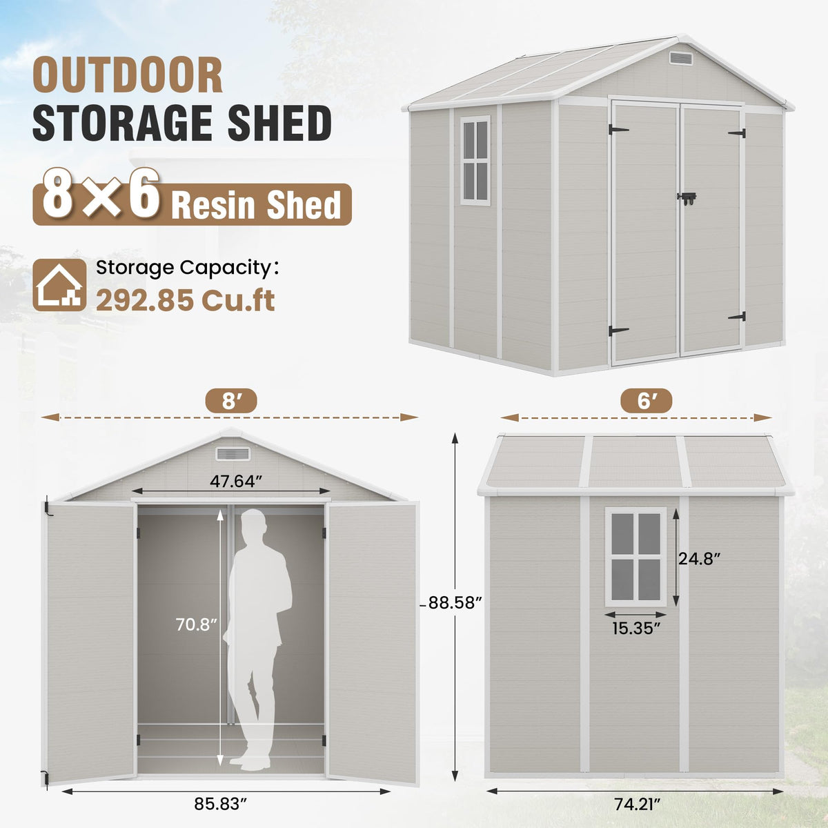 Amopatio 10x8 FT Storage Shed, Resin Shed with Floor Included, Plastic Sheds Outdoor Storage for Bike, Garden Tools, Sheds & Outdoor Storage with
