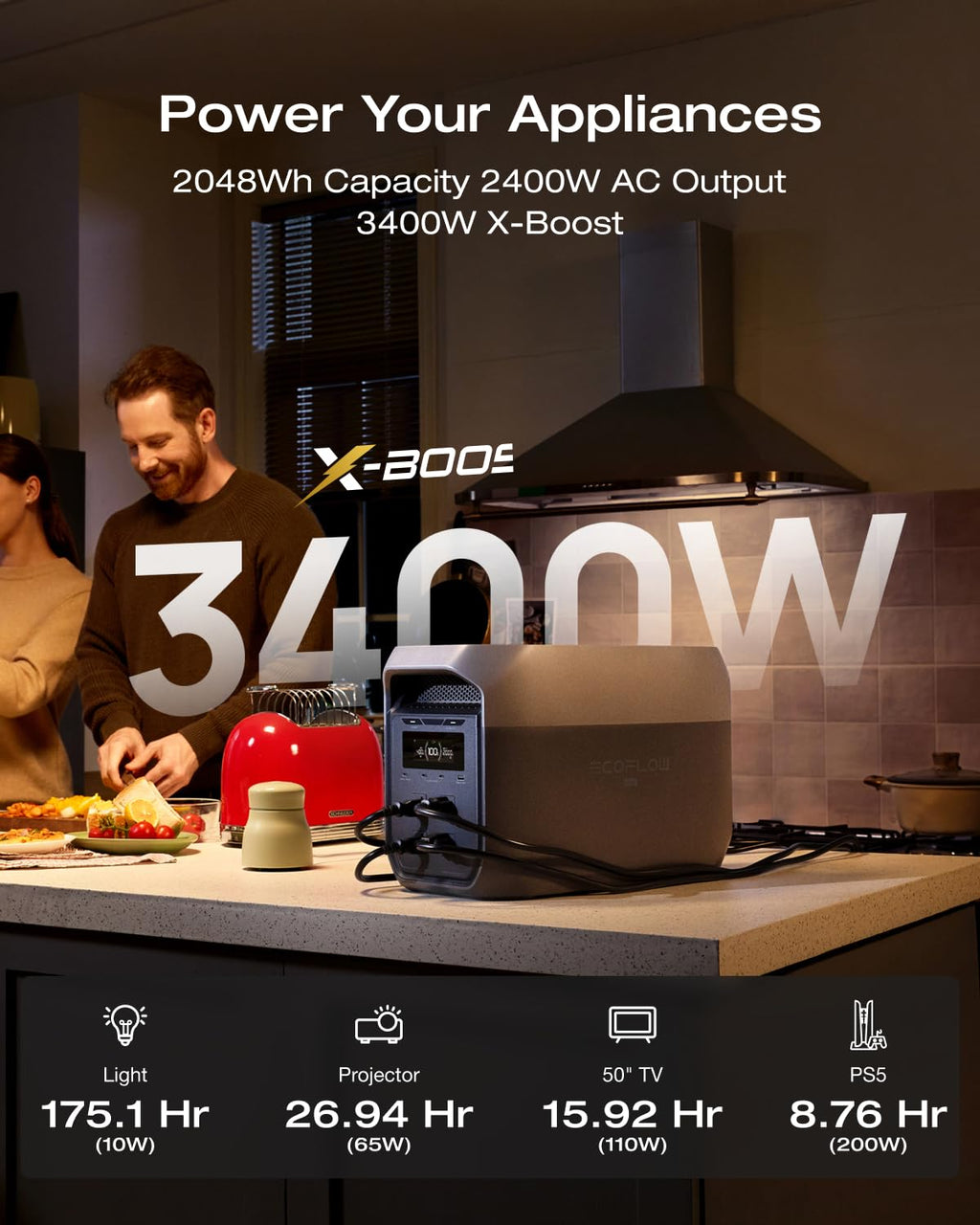 EF ECOFLOW Portable Power Station DELTA 3 Max, 2048Wh LiFePO4 Battery, Solar Generator (Solar Panel Optional), 3400W X-Boost Output, Ultra-Fast 0-80%