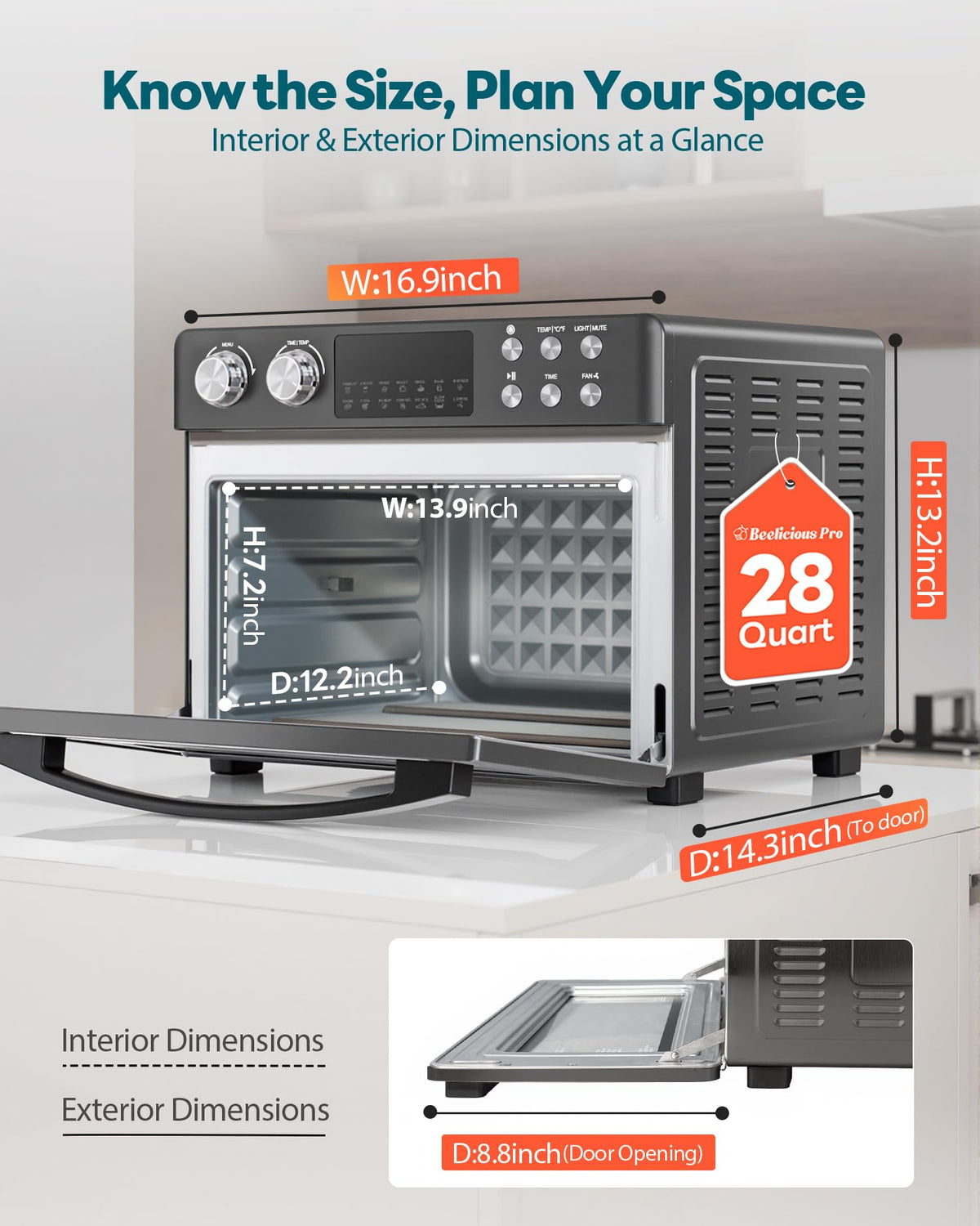 28QT Air Fryer Toaster Oven Combo, Large 12-in-1 Convection Countertop Oven with 3-Layer Cooking, Rotisserie for Chicken, 6 Heating Tubes, Fast