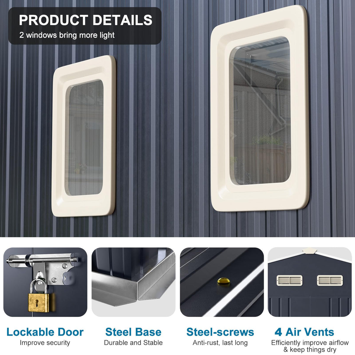 10x12 FT Metal Outdoor Storaged Shed with Floor Base Waterproof Heavy Duty Reinforced Frame with Unique Clear Roof Skyview Windows Air Vent for