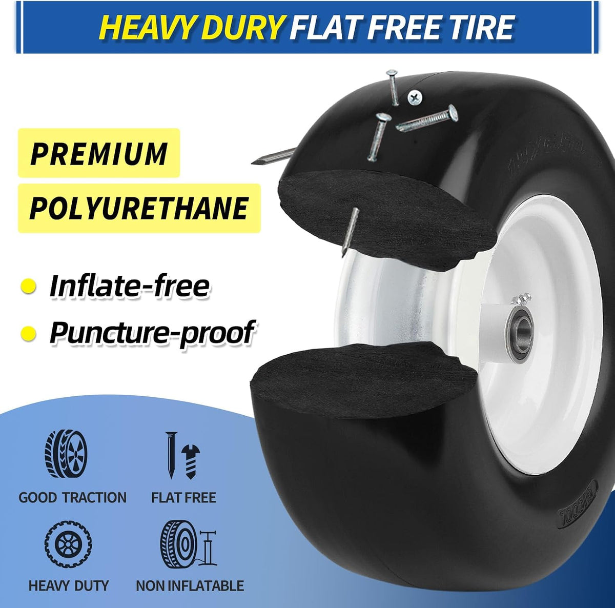 GICOOL 13x6.50-6" Flat-Free Front Tire and Wheel, for Zero-Turn Mower, 2PK