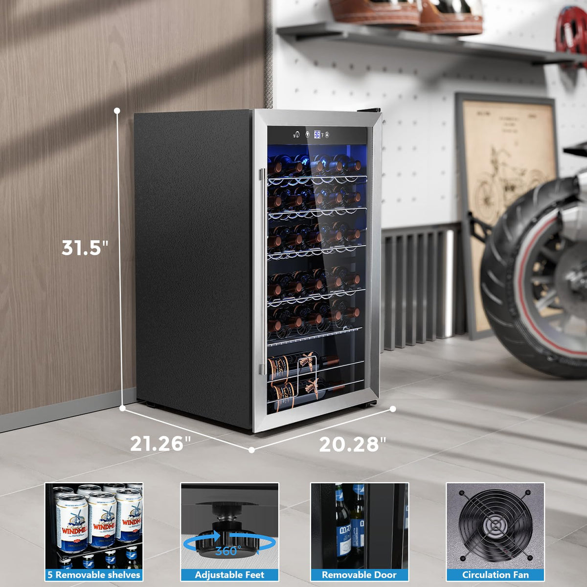 COWSAR 4.5 Cu.Ft Wine Fridge 37 Bottle, ETL Approved Freestanding Wine Cooler 145 Can Beverage Refrigerator with Stainless Steel Reversible Glass