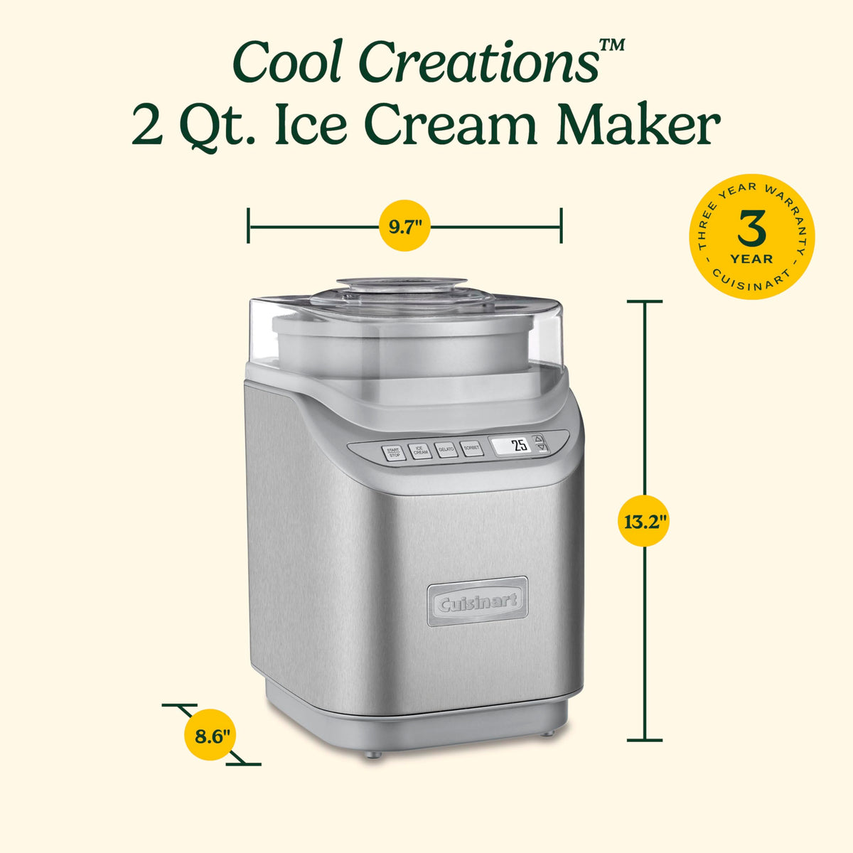 Cuisinart Ice Cream Maker Machine, 2-Quart Stainless Steel Frozen Yogurt, Gelato, Sorbet, Ready in 20 Minutes, LCD Screen and Timer, ICE-70P1