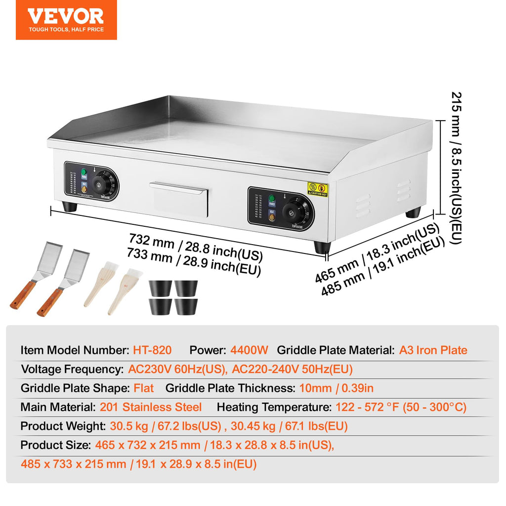 VEVOR Upgraded Commercial Electric Griddle, 2800W Stainless Steel Countertop Flat Top Grill, 26'' Griddle Grill with 2 Shovels and 2 Brushes, 122H