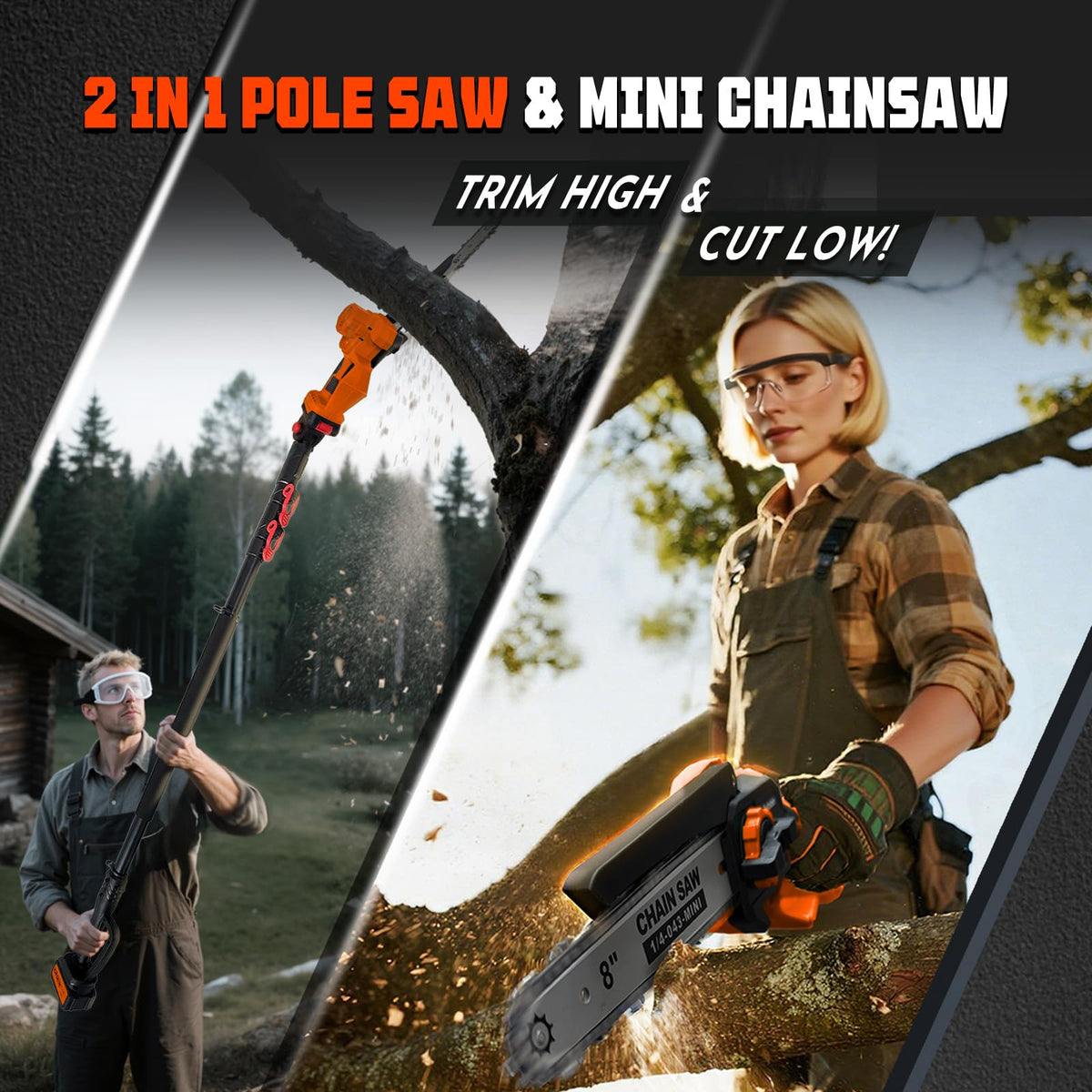 2-in-1 Cordless Pole Saw & 8'' Mini Chainsaw,Forest Ranger Approved Electric Handheld Chain Saw with 2 21V 4.0Ah Rechargeable Batterie&Charger, Auto