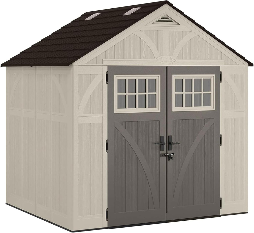 Suncast 8x7 Ft. Outdoor Storage Shed - Large Resin Shed with Floor, Lockable Double Doors, & Skylights. 378 Cu Ft Tremont Garden Sheds & Outdoor