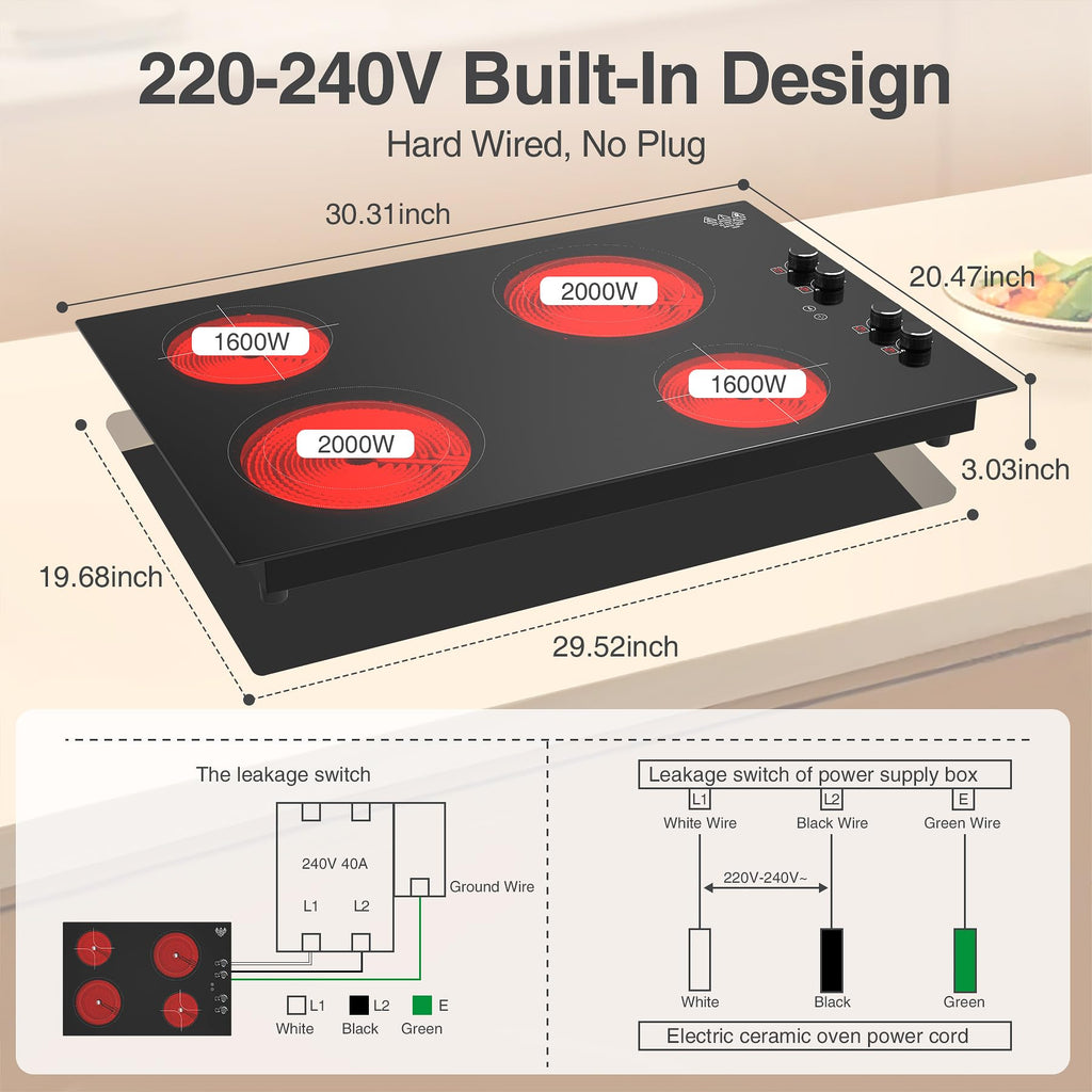 4 Burner Electric Cooktop,7200W Built-in & Countertop 4 Burner Electric Stove Top with 9 Power Levels, Child Safety Lock & 99mins Timer, 30 inch