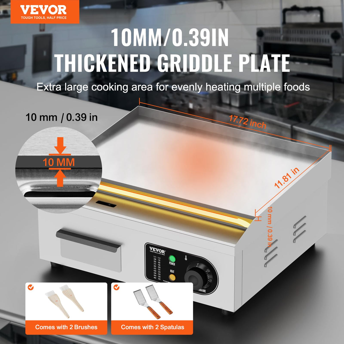 VEVOR Upgraded Commercial Electric Griddle, 2800W Stainless Steel Countertop Flat Top Grill, 26'' Griddle Grill with 2 Shovels and 2 Brushes, 122H