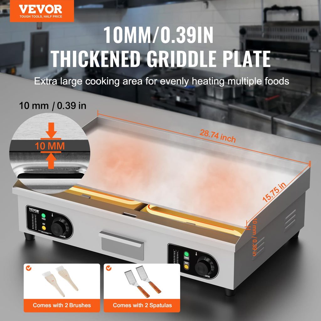 VEVOR Upgraded Commercial Electric Griddle, 2800W Stainless Steel Countertop Flat Top Grill, 26'' Griddle Grill with 2 Shovels and 2 Brushes, 122H