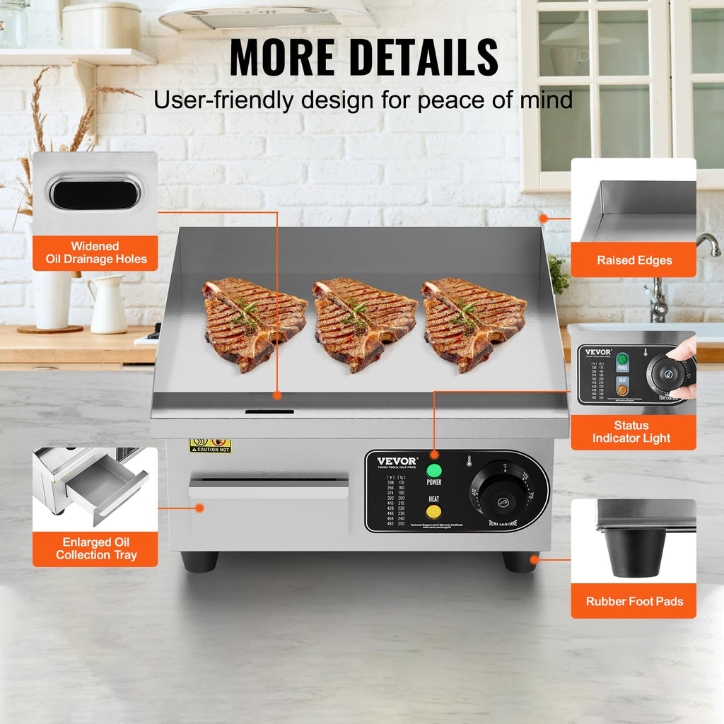 VEVOR Upgraded Commercial Electric Griddle, 2800W Stainless Steel Countertop Flat Top Grill, 26'' Griddle Grill with 2 Shovels and 2 Brushes, 122H
