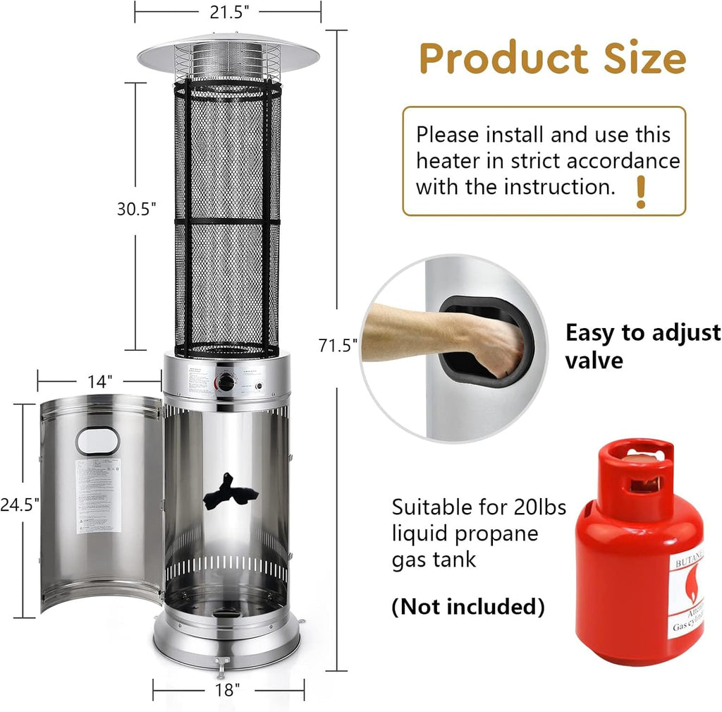 COSTWAY Outdoor Propane Patio Heater, 40,000 BTU Propane Heater with Dancing Flame, Portable Wheels, Stainless Steel Pyramid Floor-Standing Outdoor